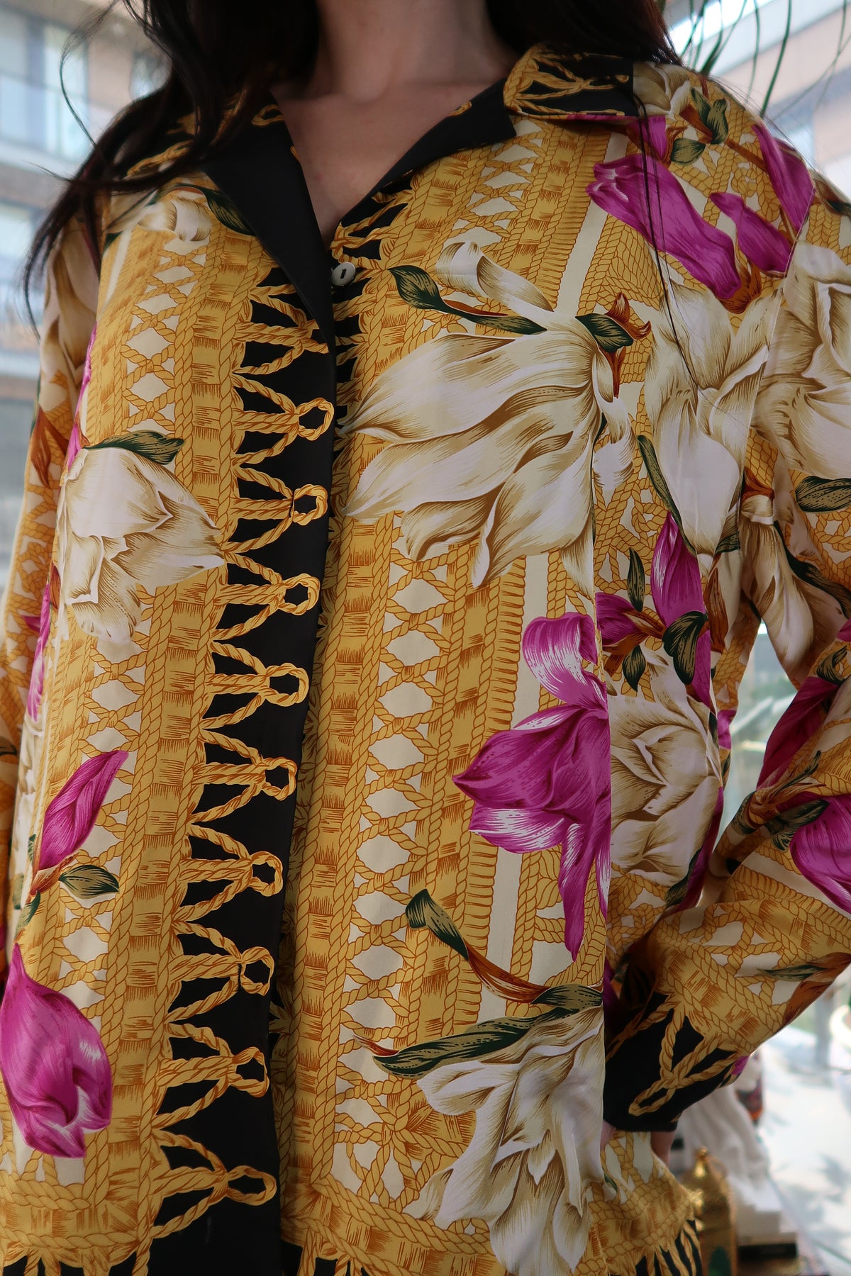 Vintage Neiman Marcus silk floral baroque shirt by Elektra Vintage, featuring bold gold and orchid print, women's top with intricate design.