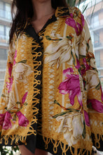 Load image into Gallery viewer, Vintage Neiman Marcus 100% Silk Floral Baroque Shirt – Bold Gold &amp; Orchid Print
