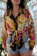 Load image into Gallery viewer, Vintage Neiman Marcus 100% Silk Floral Baroque Shirt – Bold Gold &amp; Orchid Print
