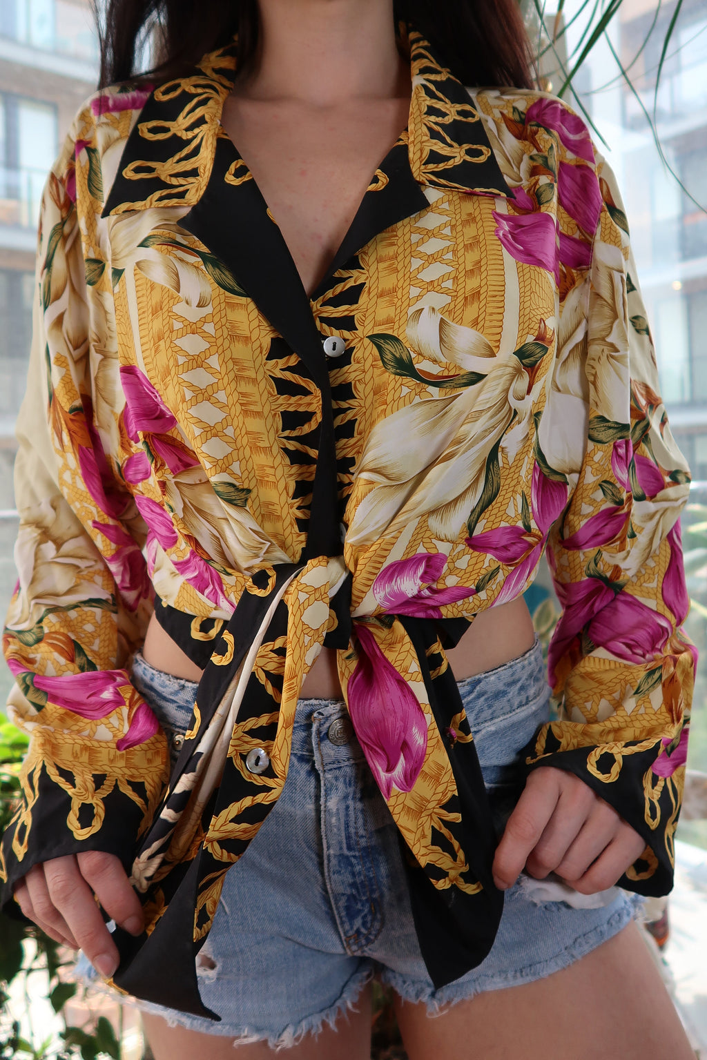 Elektra Vintage women's silk floral baroque shirt with bold gold and orchid print, featuring elegant long sleeves and classic fit.