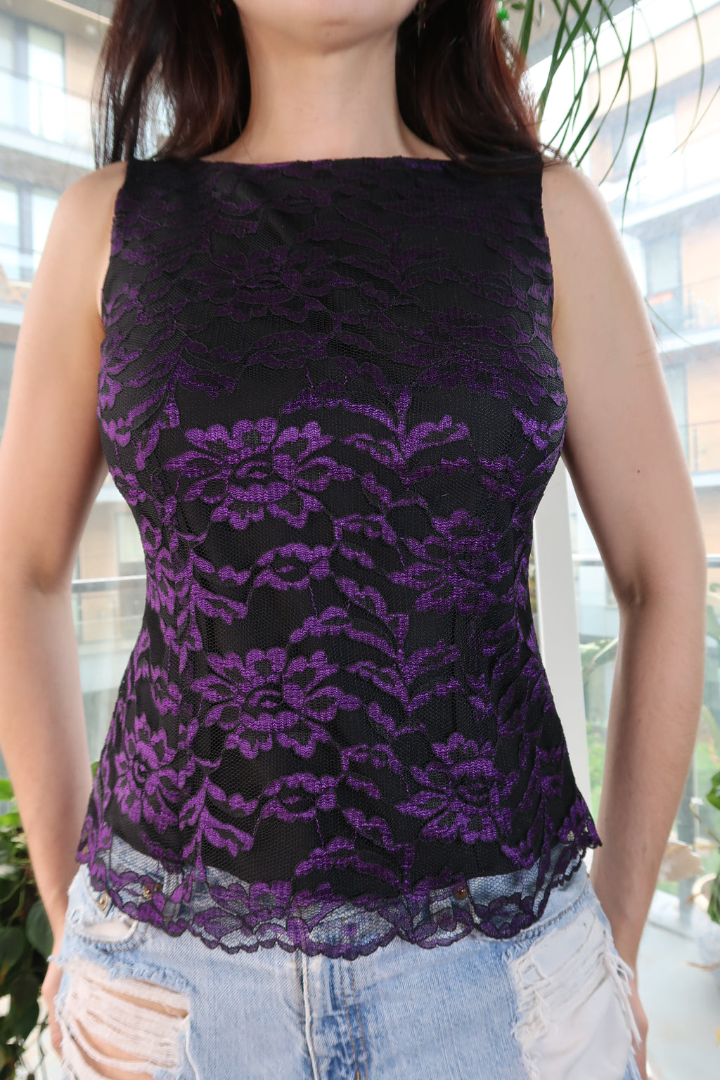 Vintage Y2K Purple Floral Lace Tank Top – Sheer Black Lace Blouse