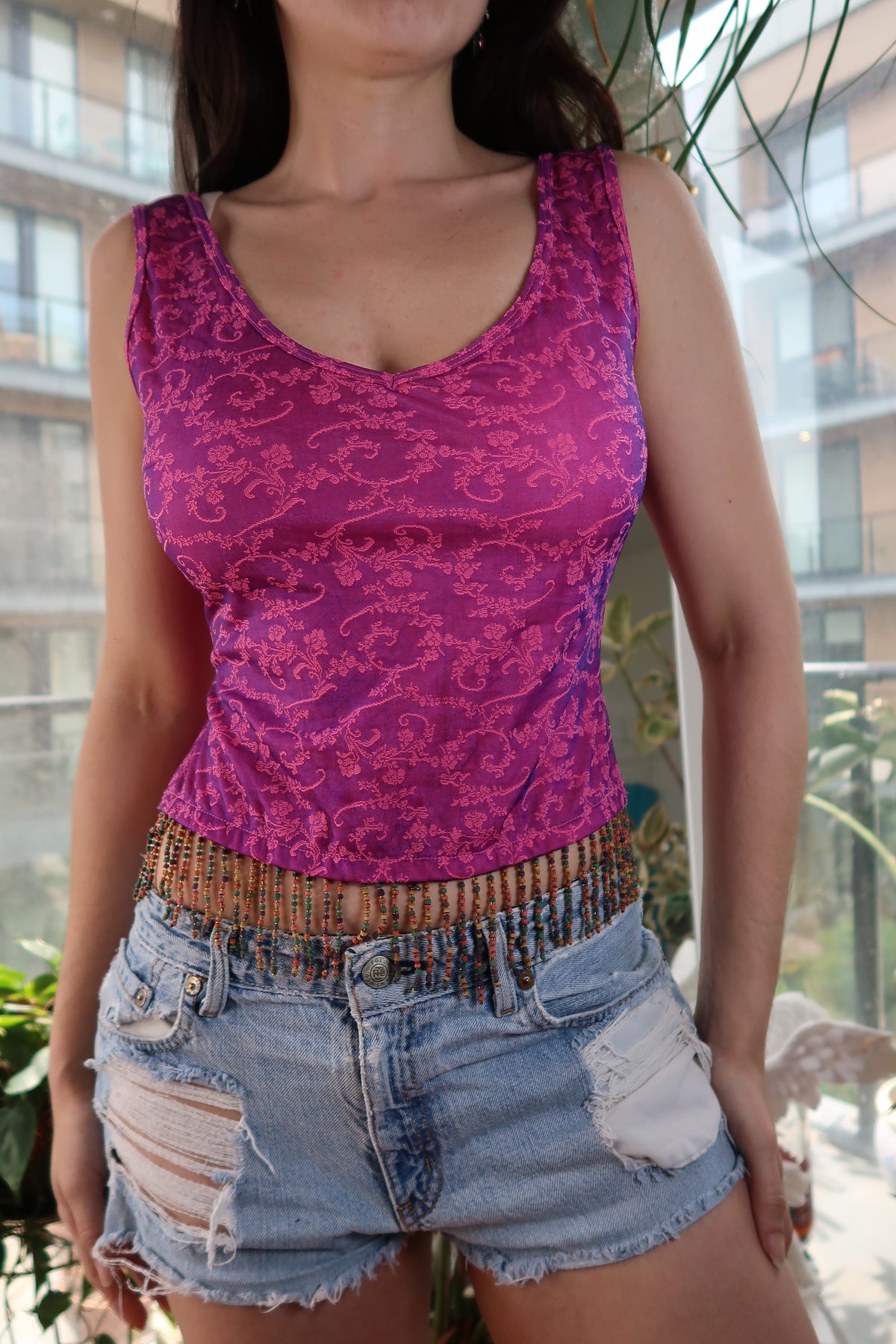 Vintage Magenta Brocade Sleeveless Top with Beaded Hem