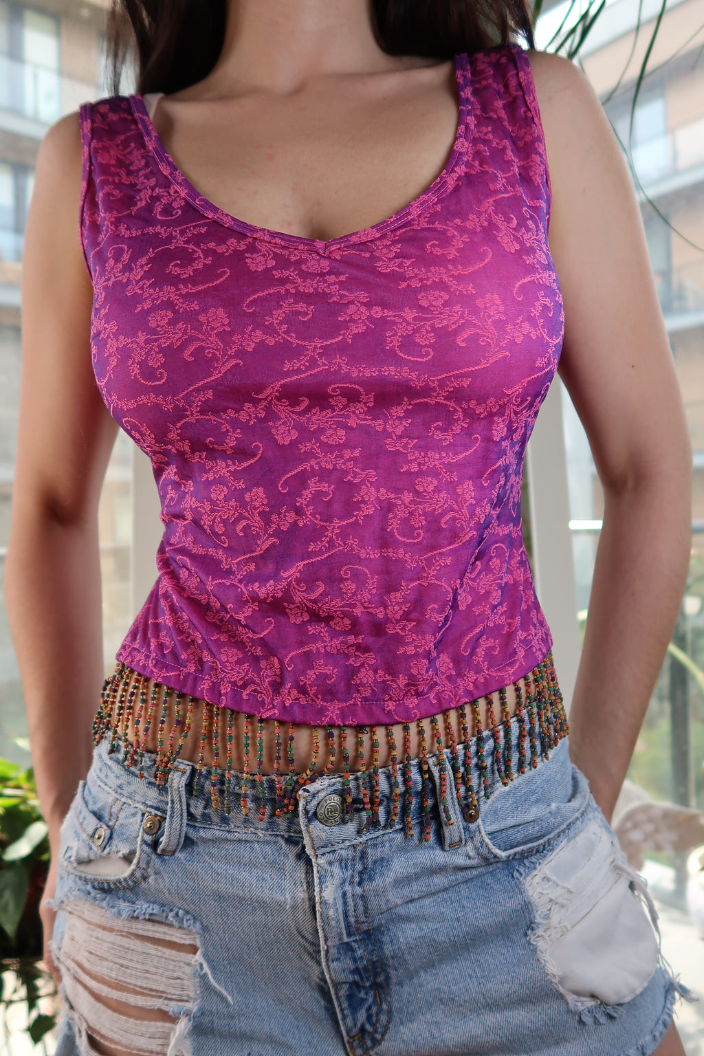 Vintage Magenta Brocade Sleeveless Top with Beaded Hem