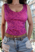 Vintage Magenta Brocade Sleeveless Top with Beaded Hem