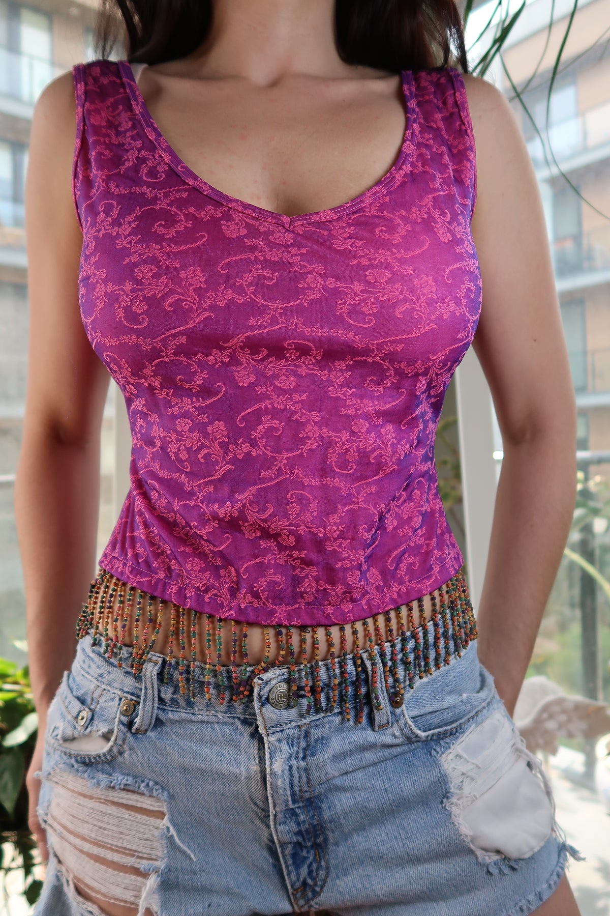 Vintage Magenta Brocade Sleeveless Top with Beaded Hem