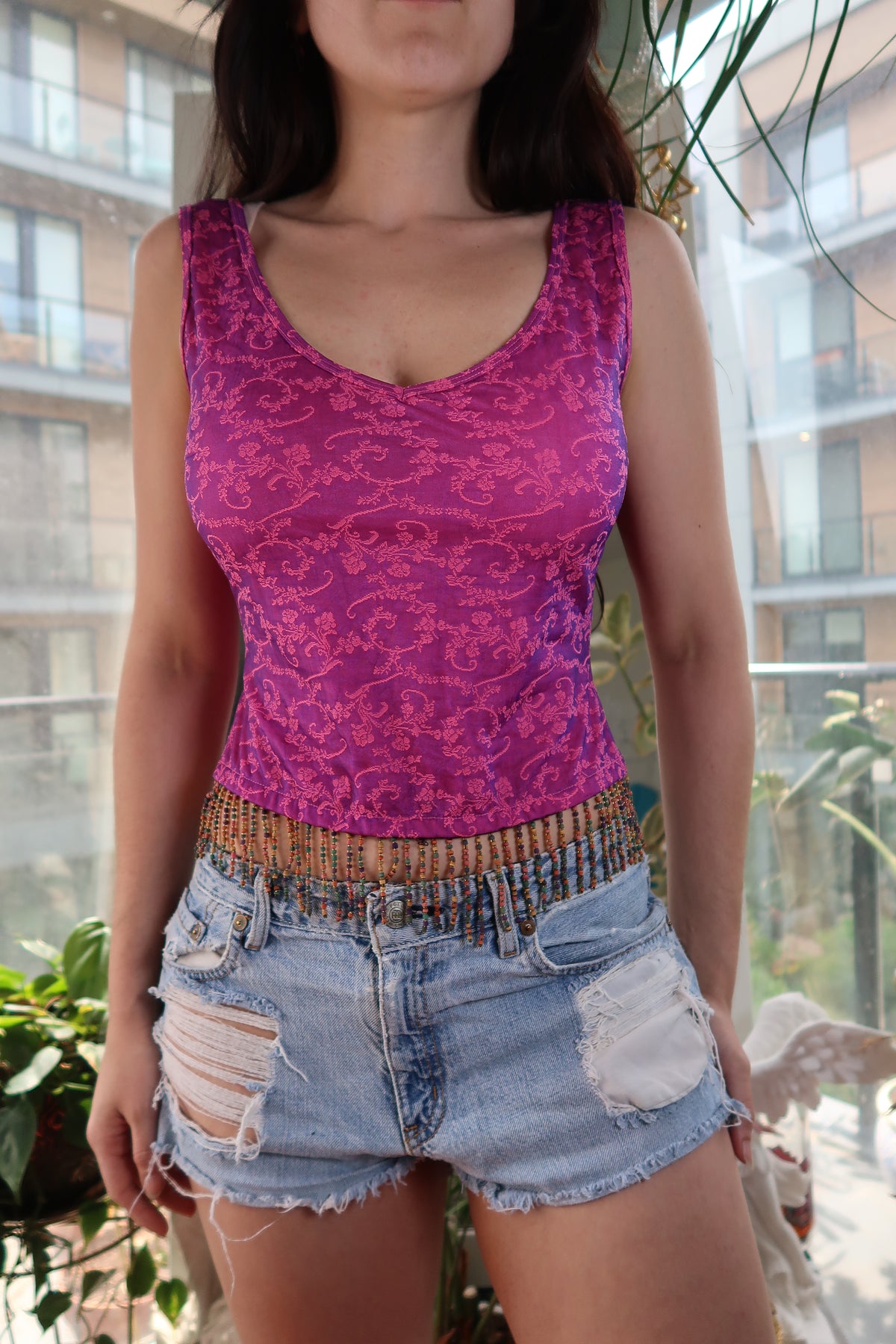 Vintage Magenta Brocade Sleeveless Top with Beaded Hem