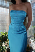 Vintage 100% Silk Aqua Blue Two-Piece Formal Set – Strapless Beaded Top & Maxi Skirt - Elektra Vintage
