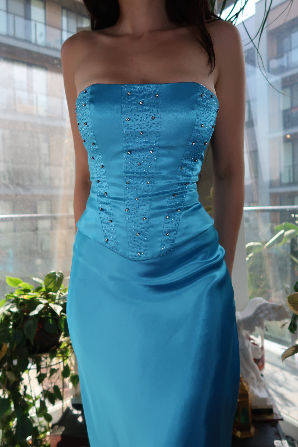 Vintage 100% Silk Aqua Blue Two-Piece Formal Set – Strapless Beaded Top & Maxi Skirt - Elektra Vintage