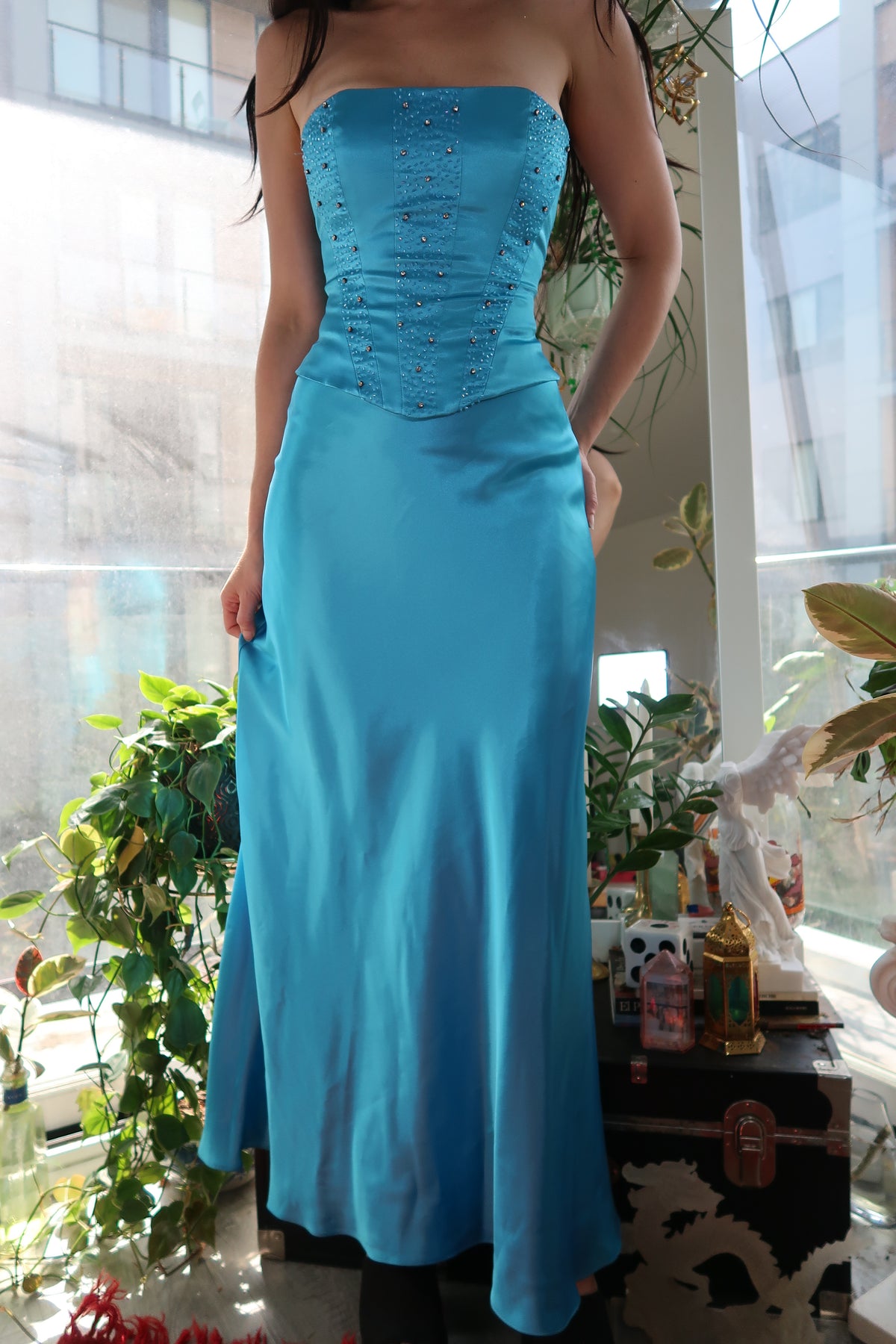 Vintage 100% Silk Aqua Blue Two-Piece Formal Set – Strapless Beaded Top & Maxi Skirt - Elektra Vintage