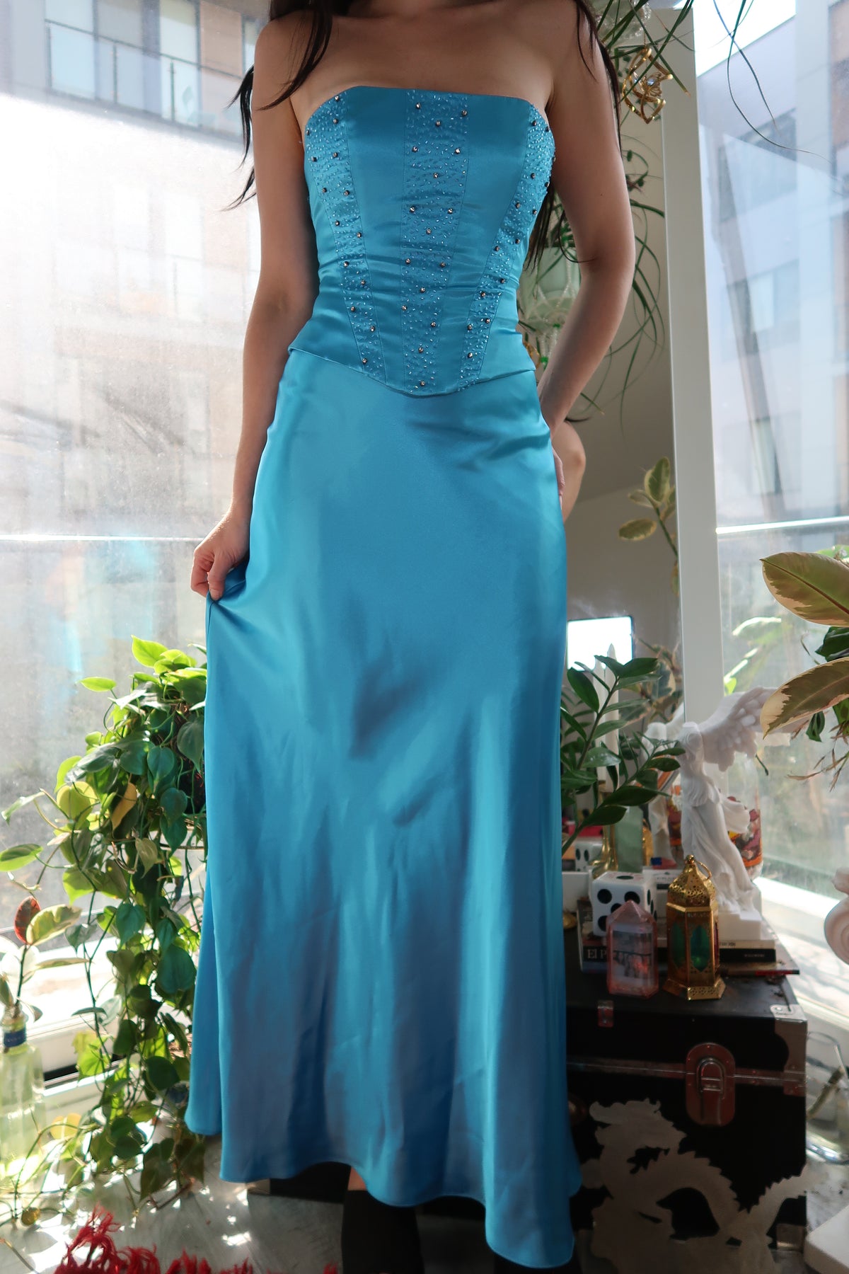 Vintage 100% Silk Aqua Blue Two-Piece Formal Set – Strapless Beaded Top & Maxi Skirt - Elektra Vintage
