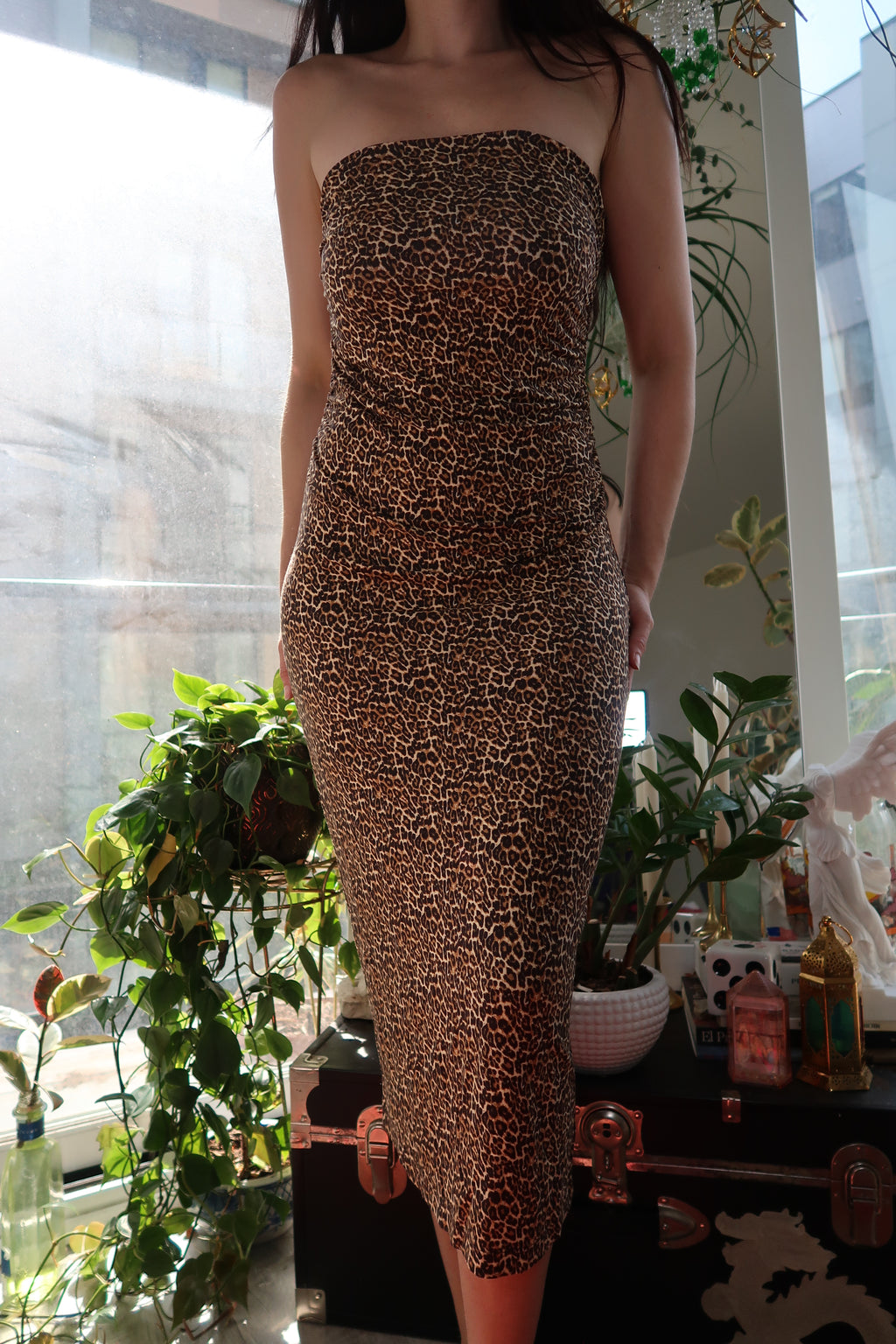 2000s Leopard Print Strapless Midi Dress - Elektra Vintage