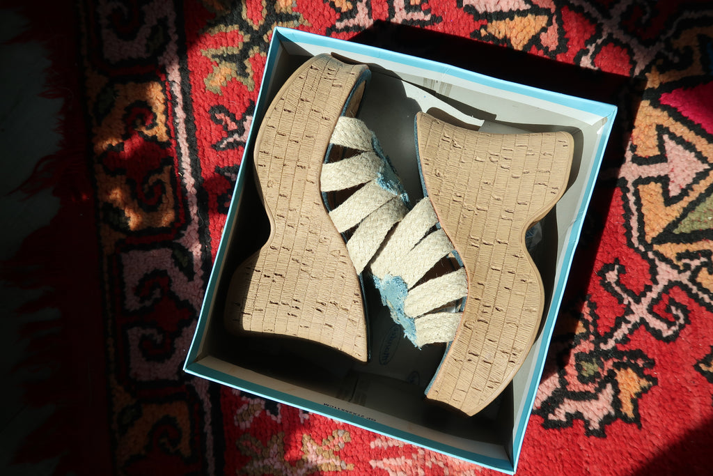 Mandee Y2K Vintage Wedge Sandals – Deadstock Denim Flower Platform Heels