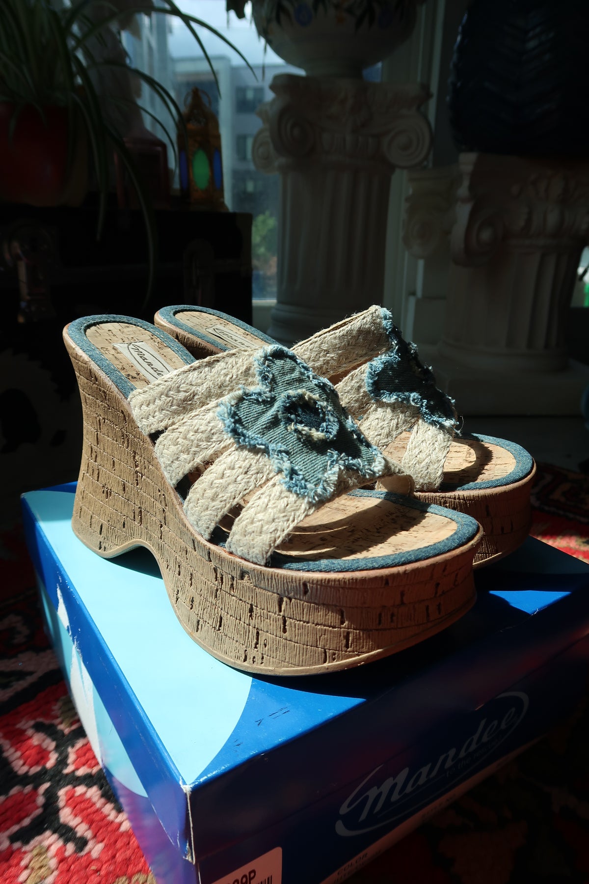 Mandee Y2K Vintage Wedge Sandals – Deadstock Denim Flower Platform Heels