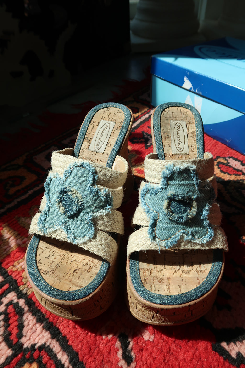 Mandee Y2K Vintage Wedge Sandals – Deadstock Denim Flower Platform Heels