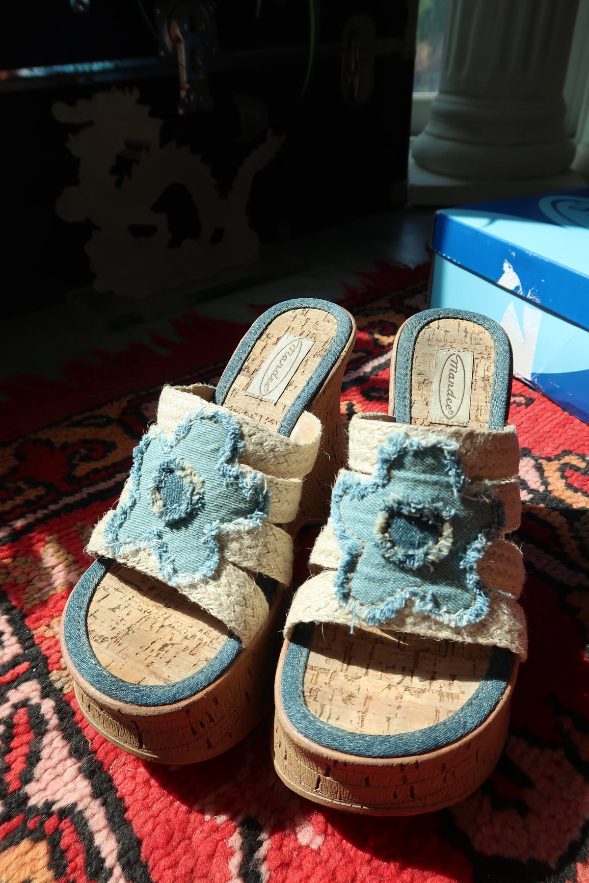 Mandee Y2K Vintage Wedge Sandals – Deadstock Denim Flower Platform Heels