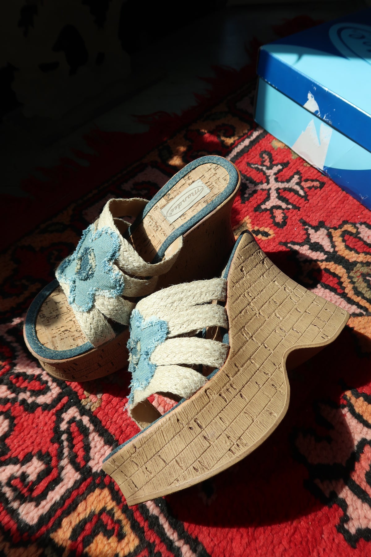 Mandee Y2K Vintage Wedge Sandals – Deadstock Denim Flower Platform Heels