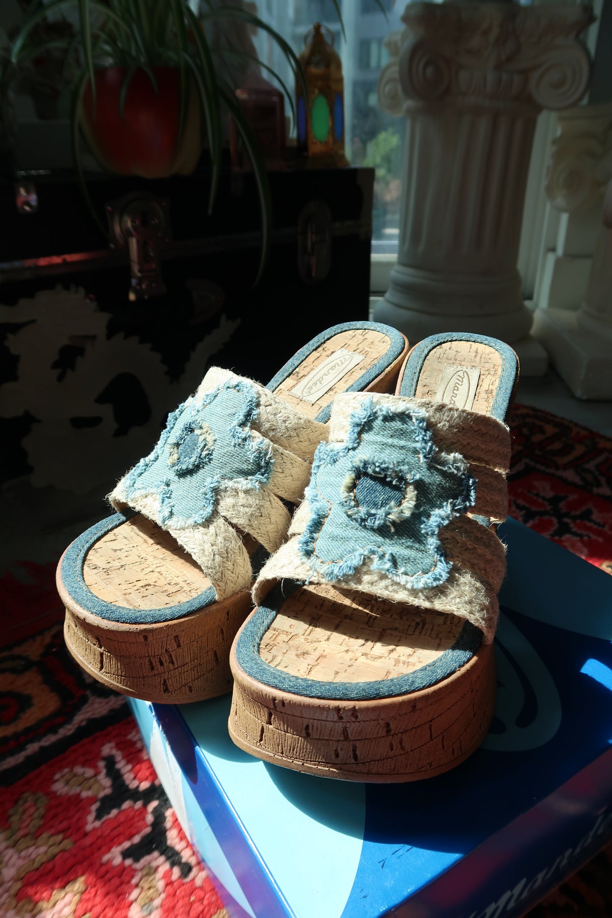 Mandee Y2K Vintage Wedge Sandals – Deadstock Denim Flower Platform Heels