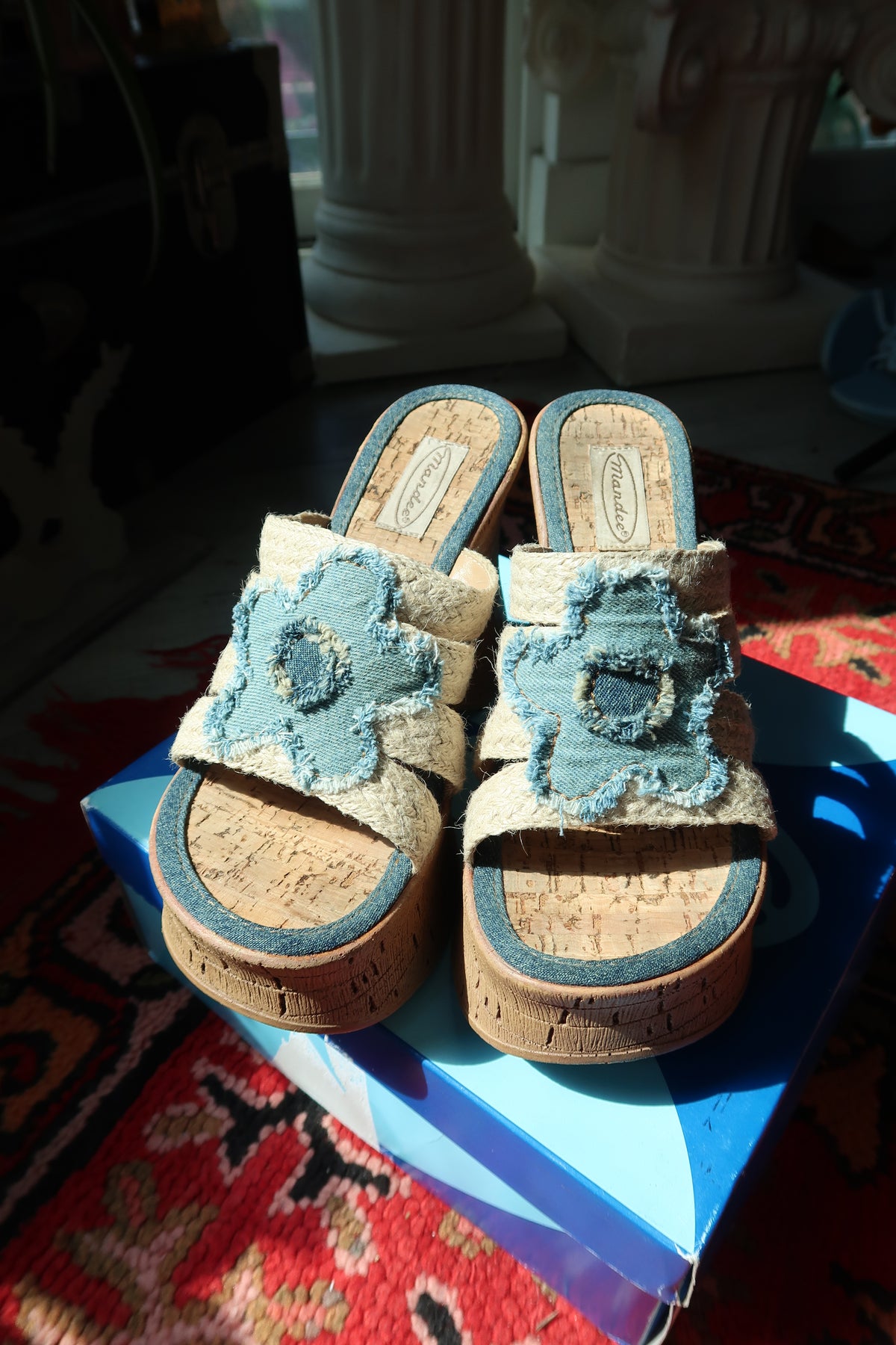 Mandee Y2K Vintage Wedge Sandals – Deadstock Denim Flower Platform Heels