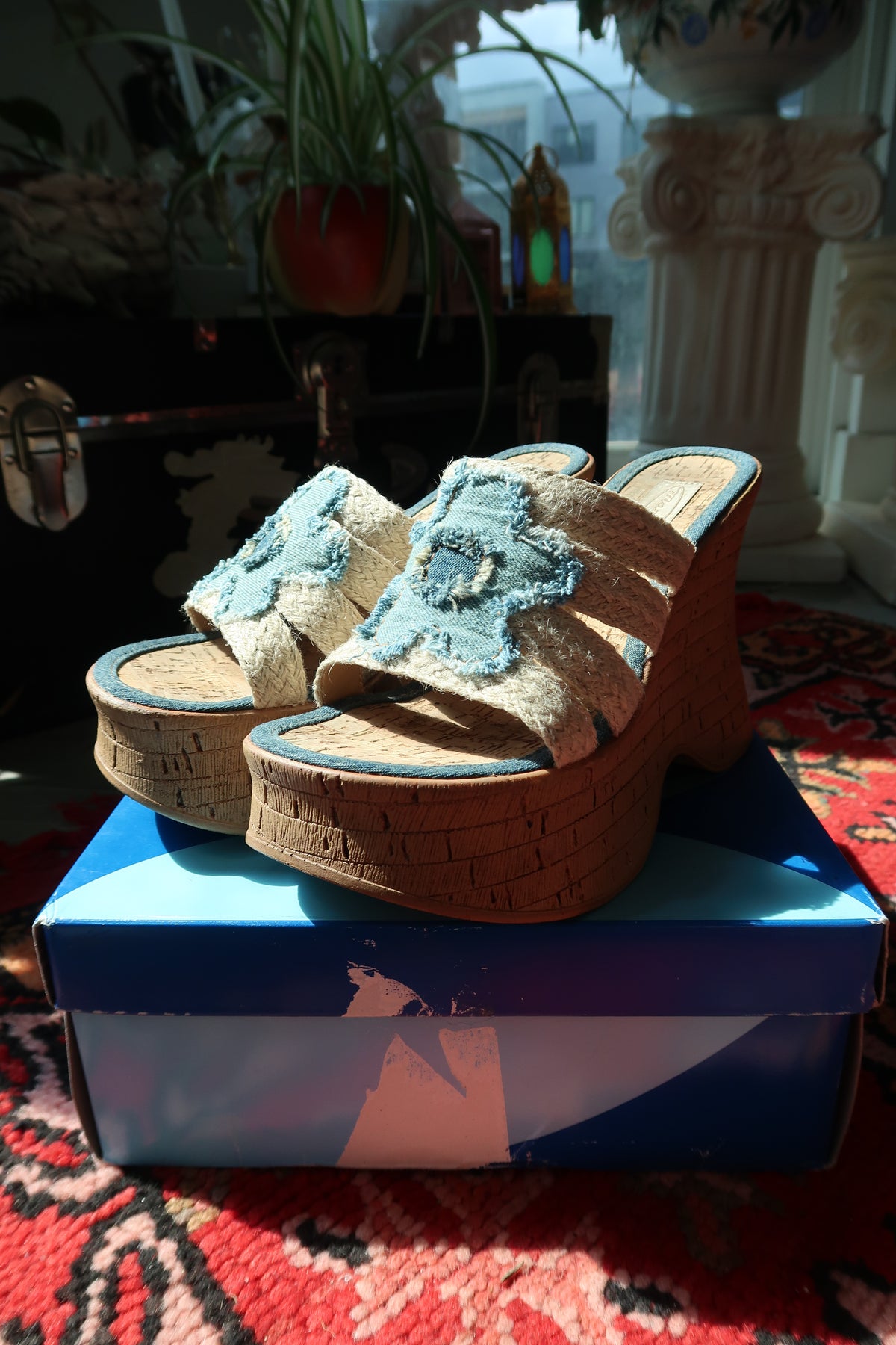 Mandee Y2K Vintage Wedge Sandals – Deadstock Denim Flower Platform Heels