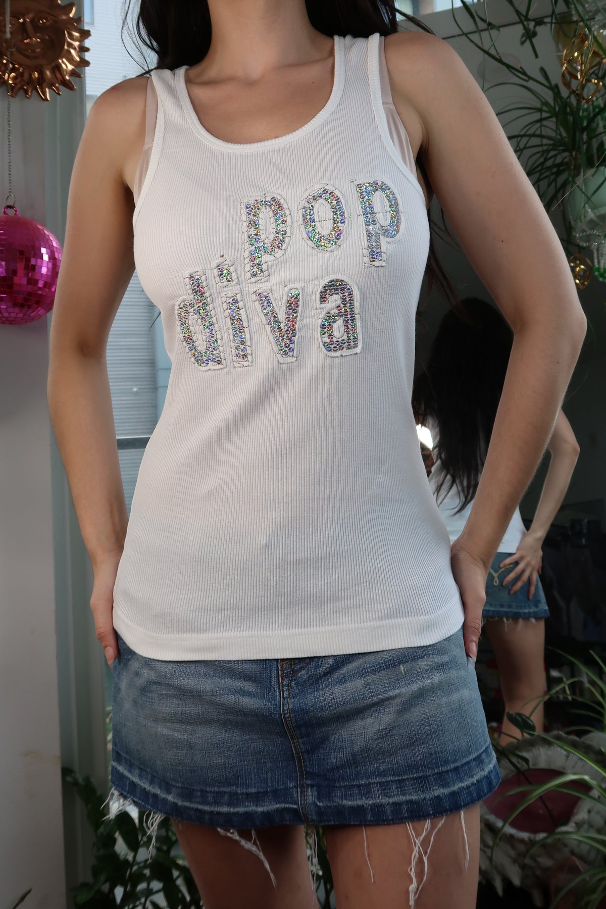 NWT Vintage Y2K “Pop Diva” Sequin Tank Top – White Ribbed Tank Top