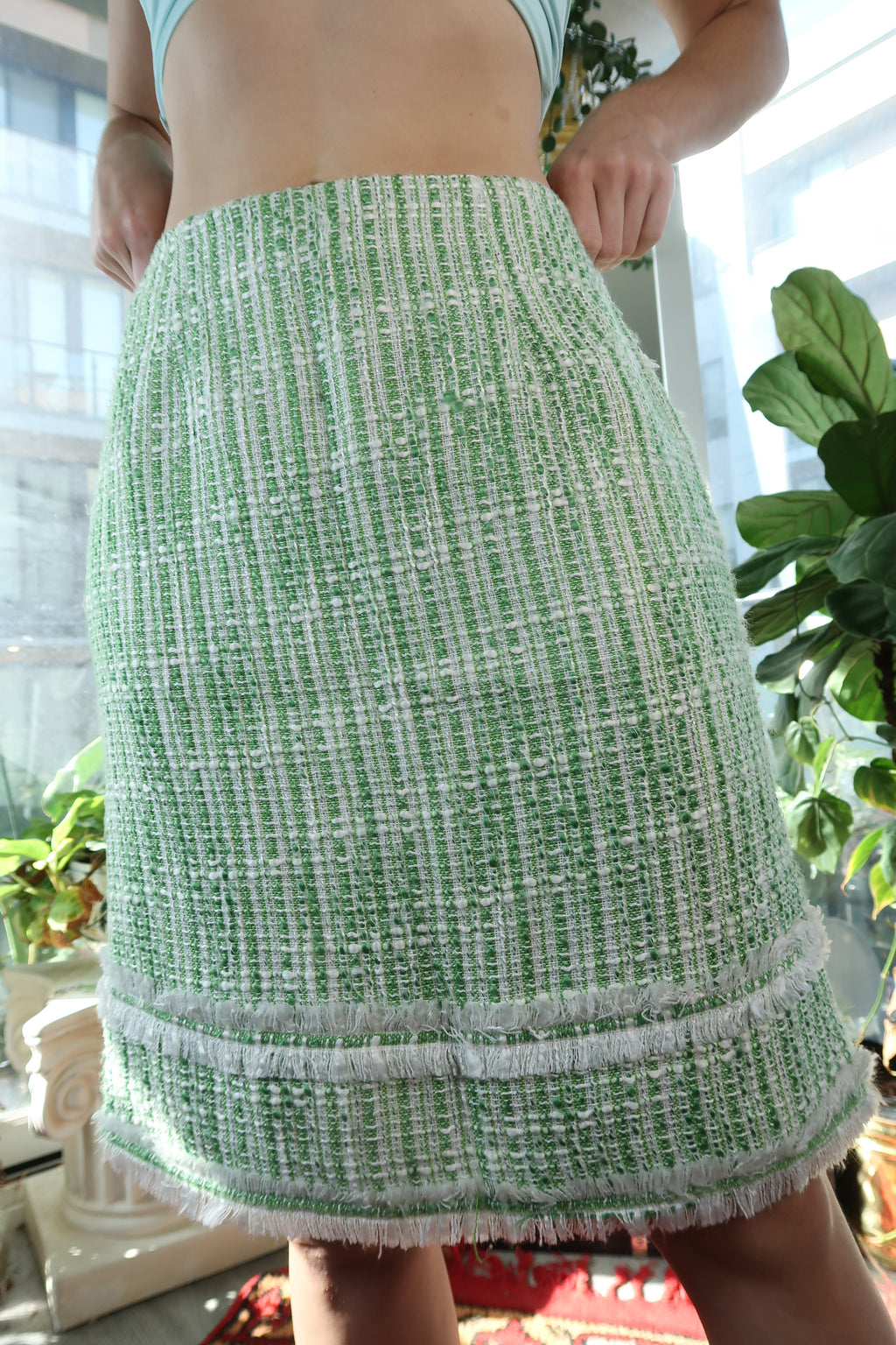 Vintage Green Tweed Pencil Skirt – Preppy Textured Woven Classic