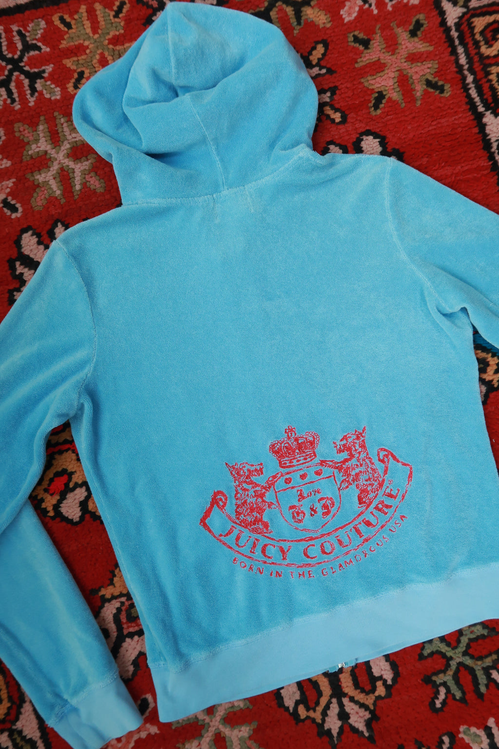 Vintage Baby Blue Juicy Couture terry cloth zip-up hoodie for women, styled with a casual fit and iconic brand details.