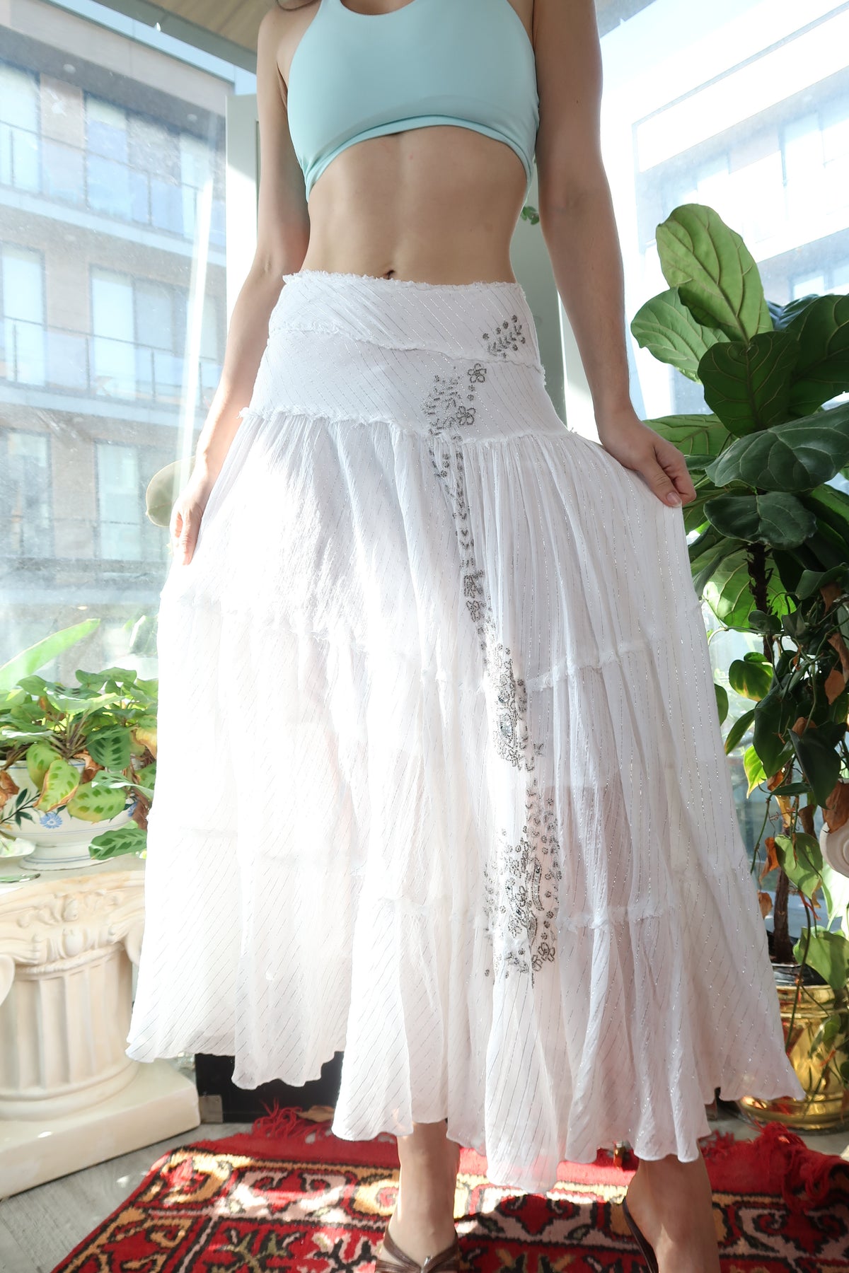 Vintage 2000s Bebe White Cotton Maxi Skirt with Silver Beading & Tiered Skirt - Elektra Vintage