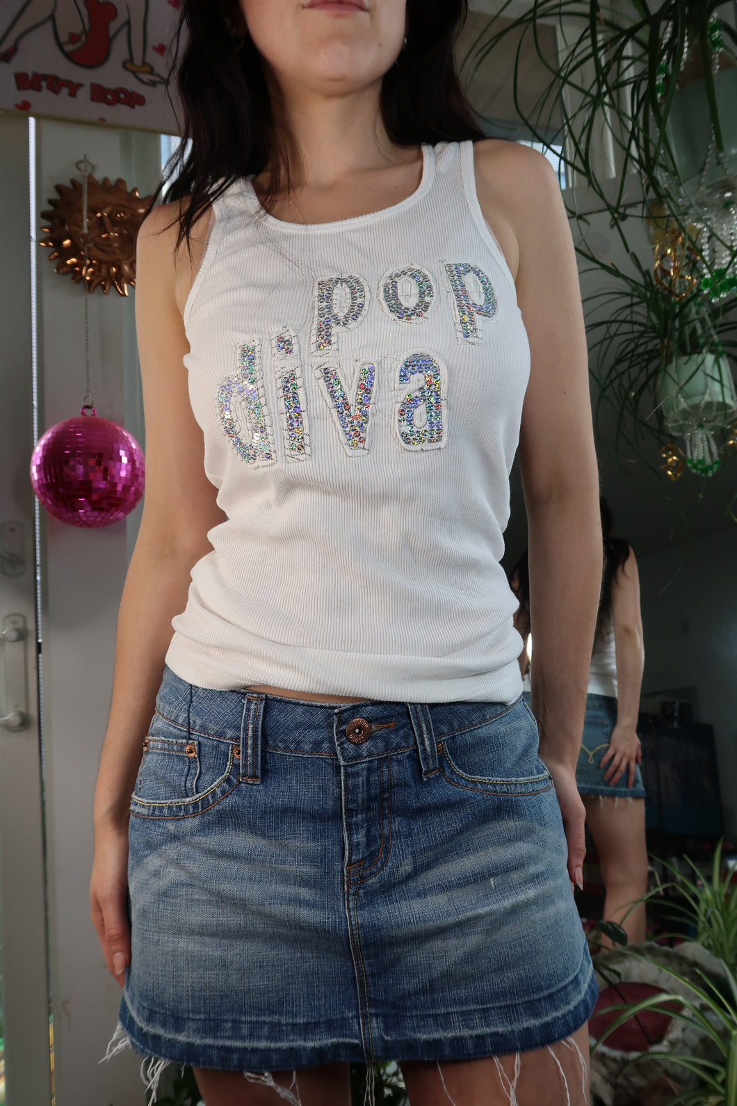 NWT Vintage Y2K “Pop Diva” Sequin Tank Top – White Ribbed Tank Top