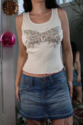 Y2K Vintage Express Sequin Butterfly Tank Top – Cream Ribbed Knit