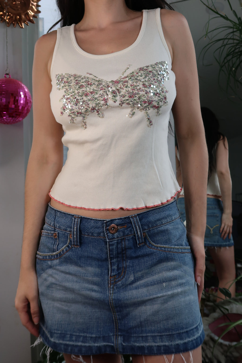 Y2K Vintage Express Sequin Butterfly Tank Top – Cream Ribbed Knit