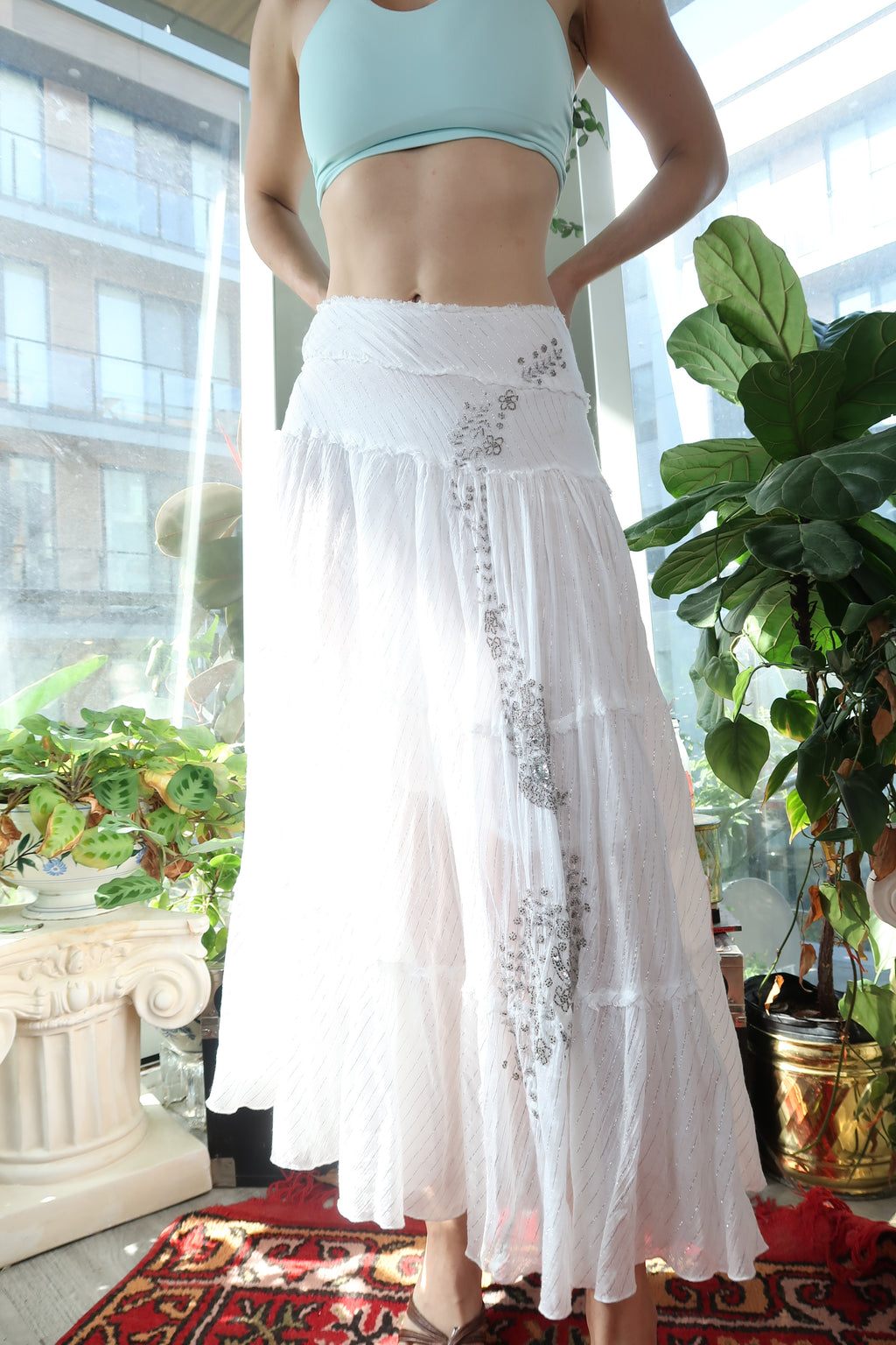 Vintage 2000s Bebe White Cotton Maxi Skirt with Silver Beading & Tiered Skirt - Elektra Vintage