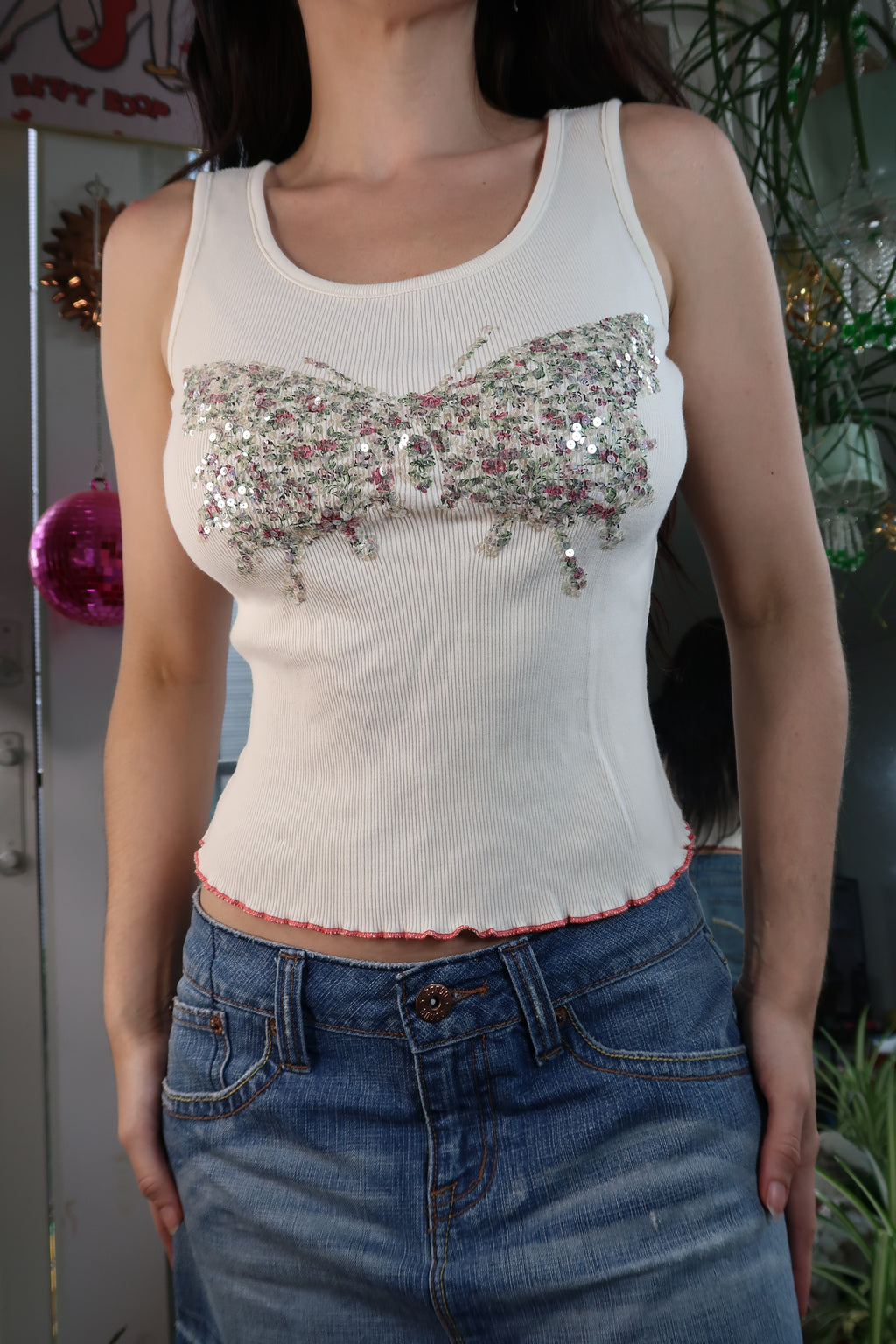 Y2K Vintage Express Sequin Butterfly Tank Top – Cream Ribbed Knit