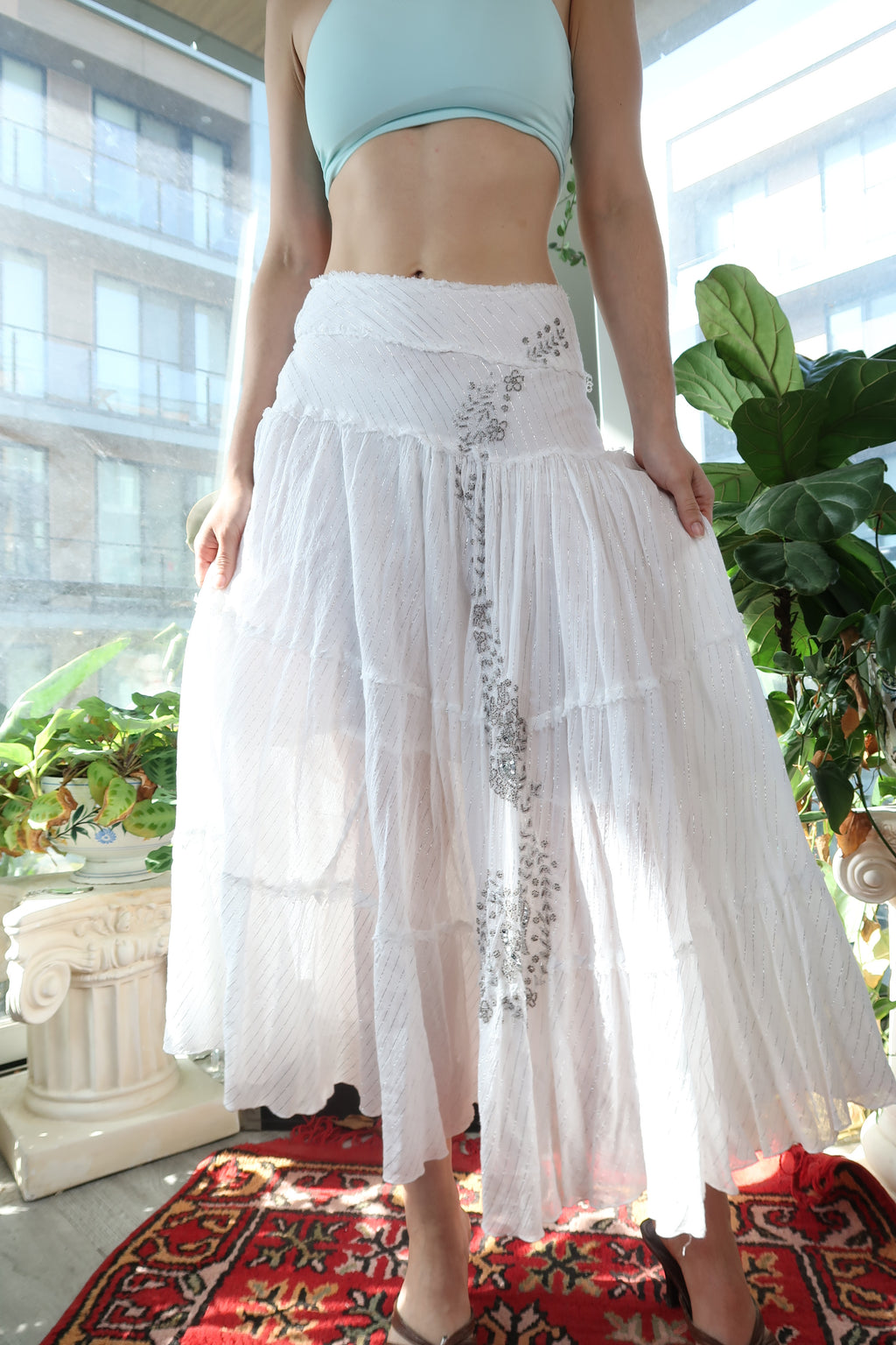 Vintage 2000s Bebe White Cotton Maxi Skirt with Silver Beading & Tiered Skirt - Elektra Vintage
