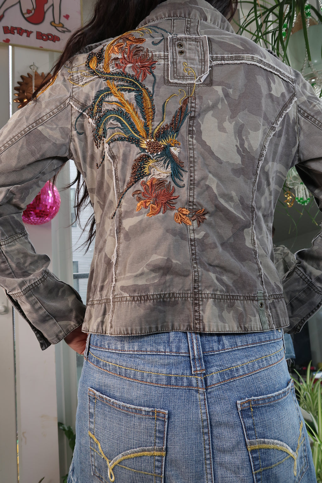 Vintage Camo Jacket with Embroidered Back - Phoenix Bird Embroidered Jacket