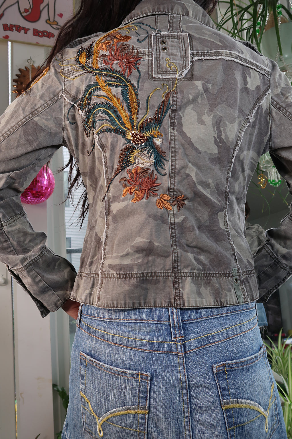 Vintage Camo Jacket with Embroidered Back - Phoenix Bird Embroidered Jacket