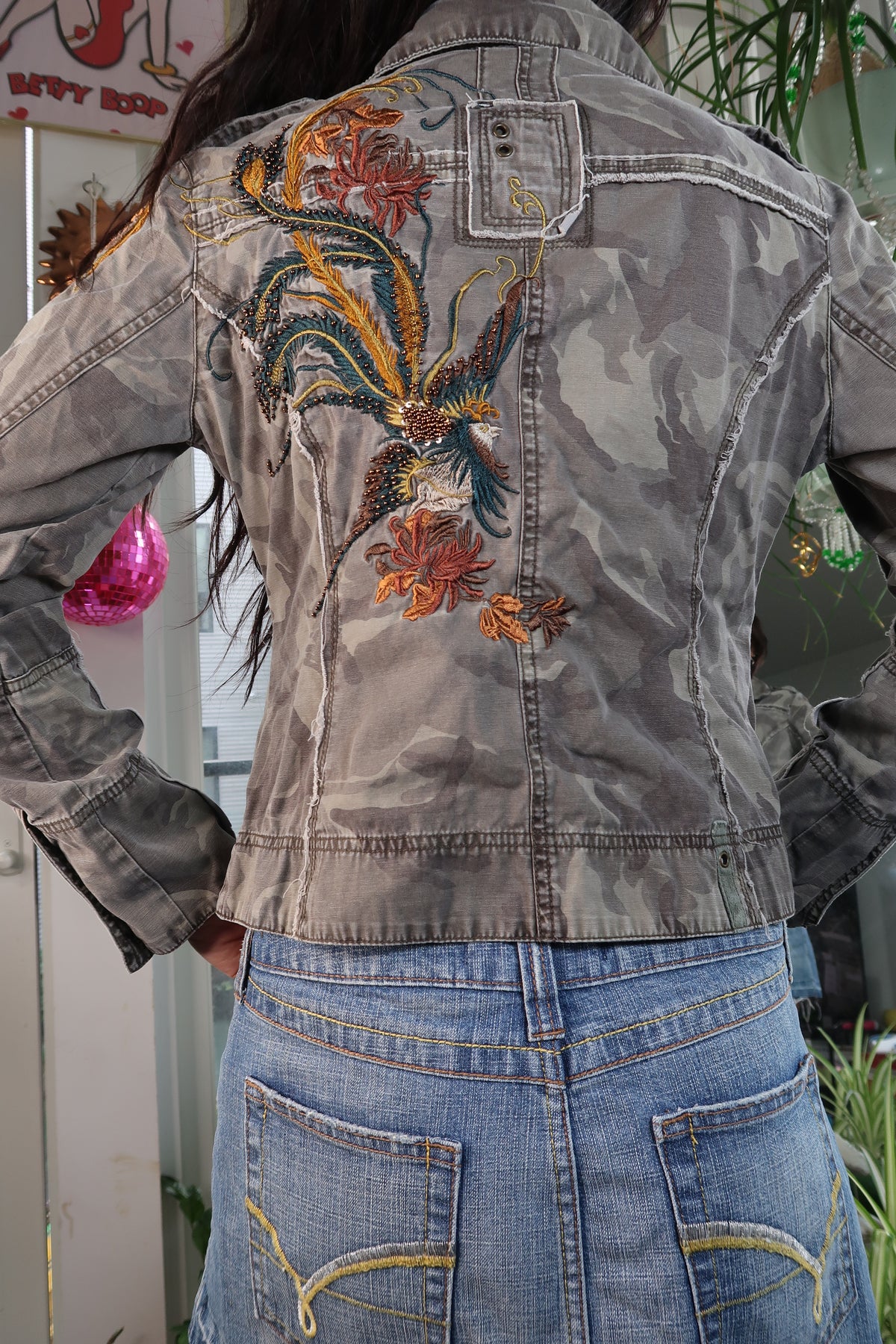Vintage Camo Jacket with Embroidered Back - Phoenix Bird Embroidered Jacket