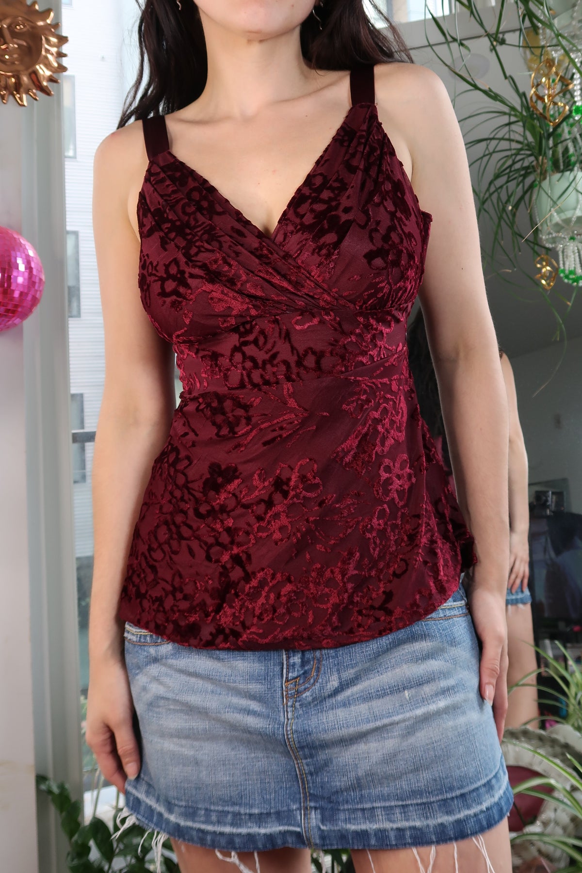 Burgundy Red Velvet Burnout Floral Top - Sleeveless Burgundy Velvet Blouse