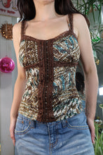 Load image into Gallery viewer, Vintage Y2K Brown Lacy Corset Cami Top – Boho Textured Spaghetti Strap Tank
