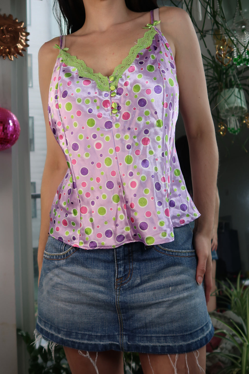 Vintage Y2K Polka Dot Cami – Satin Lilac Tank with Green Lace Trim & Bow Detail - Elektra Vintage