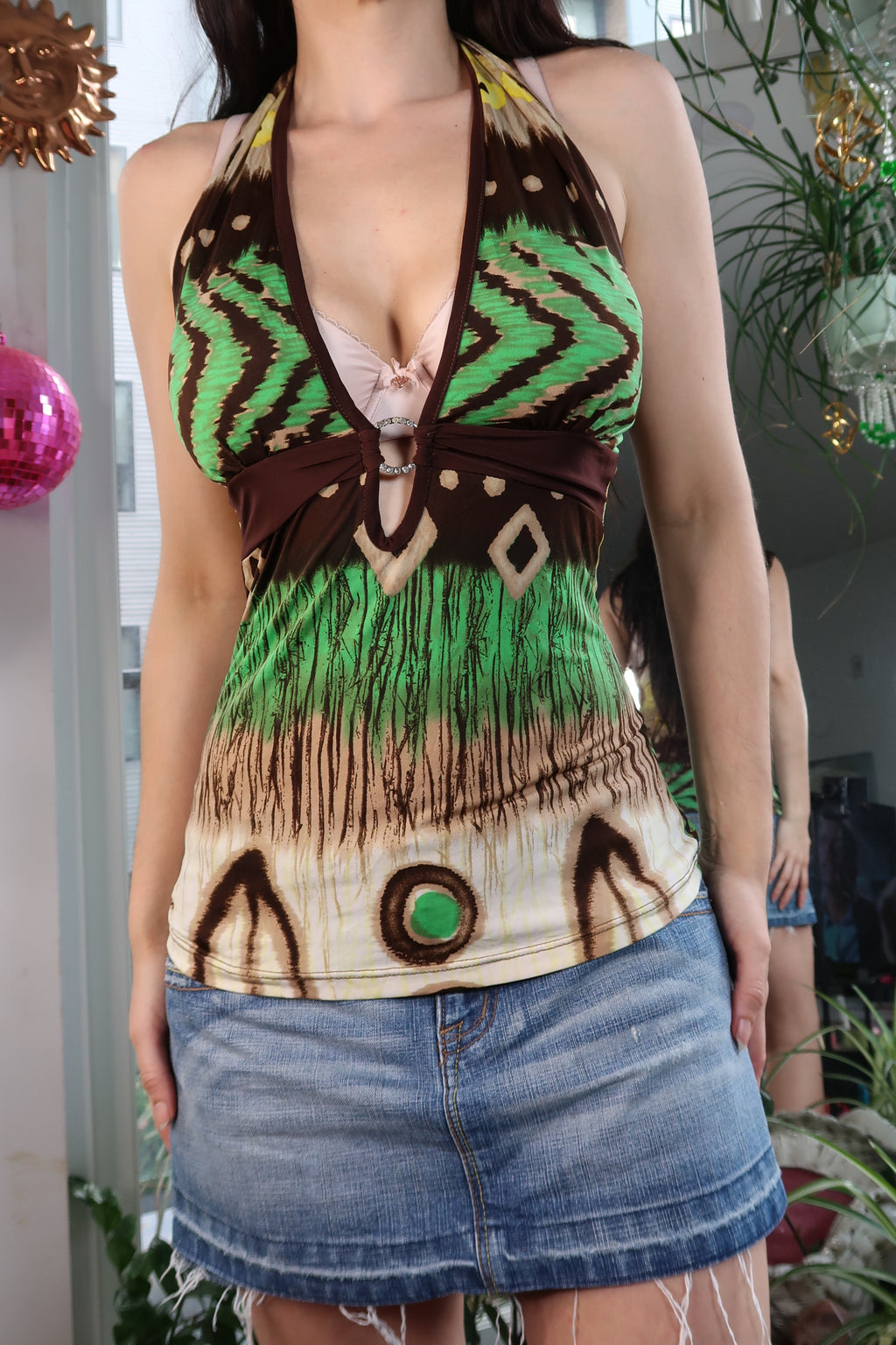 Vintage Y2K Green & Brown Tribal Print Halter Top - Elektra Vintage