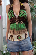 Vintage Y2K Green & Brown Tribal Print Halter Top - Elektra Vintage