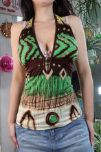 Load image into Gallery viewer, Vintage Y2K Green &amp; Brown Tribal Print Halter Top
