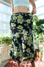 Load image into Gallery viewer, Vintage Floral Midi Skirt – Black With Lime &amp; Aqua Floral Blooms
