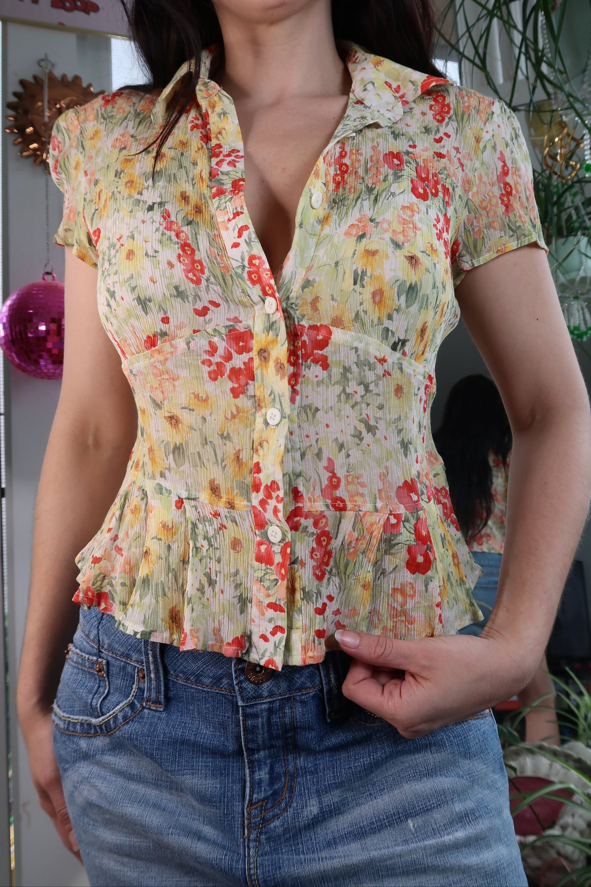 Silk Delicate Floral Short Sleeve Blouse
