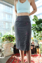 Load image into Gallery viewer, Vintage Tocca Wool-Blend Grey Pencil Skirt with Pink Embroidered Details
