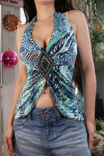 Load image into Gallery viewer, Vintage Y2K Beaded Halter Top – Tropical Mosaic Print with Beaded Center
