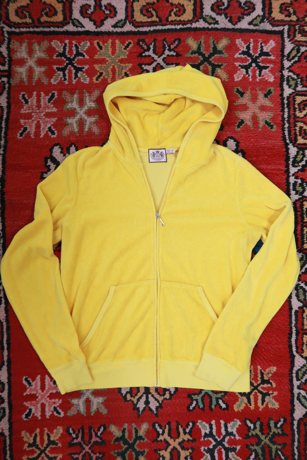 Yellow Juicy Couture terry cloth zip-up hoodie by Elektra Vintage, vintage Y2K style with a casual, comfortable fit.
