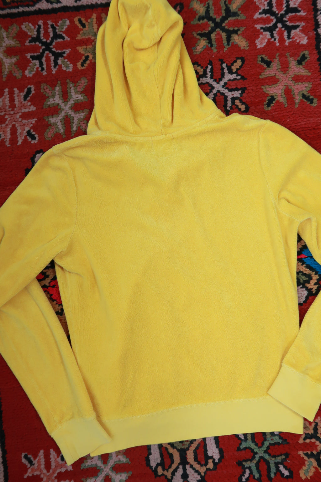 Yellow Juicy Couture Terry Cloth Zip-Up Hoodie by Elektra Vintage, vintage Y2K style with front zipper and casual comfort.