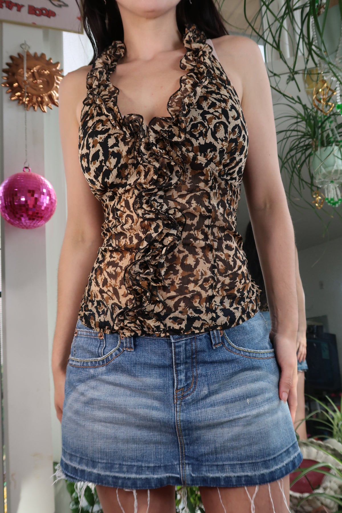 Vintage Y2k Leopard Print Ruffle Trim Halter Top - 2000s Animal Print Sleeveless Top