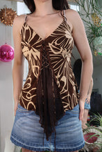 Load image into Gallery viewer, Vintage Y2K Brown Floral Corset Cami Top – Lace-Up Front &amp; Handkerchief Hem
